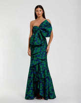 Blue and Green Strapless Brocade Fitted Gown With Oversized Bow