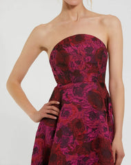 Multicolor Strapless Brocade High Low A Line Gown