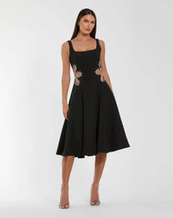 Black Sleeveless Crepe Rhinestone Cutout Midi Dress