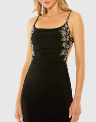 Black Embellished Ruched Open Back Column Gown