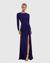 Purple Long Sleeve Jersey Ruched Gown With Beaded Neck