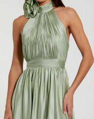 Green Soft Tie Halter Neck High Slit Gown