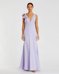 Purple Sleeveless V Neck Bow Detail Mermaid Gown