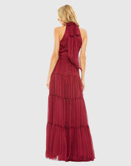 Red Tie Halter Neck Tiered Gown
