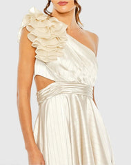 Beige Ruffled One Shoulder Cut Out Hi-Low Gown