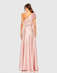 Pink Ruffled One Shoulder Cut Out Hi-Low Gown