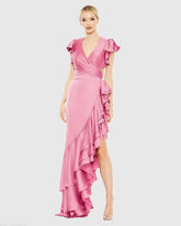Pink Flutter Sleeve Cut Out Asymmetrical Ruffled Gown
