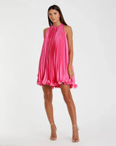 Pink Pleated Halter Neck Flowy Mini Trapeze Dress