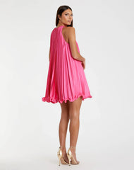 Pink Pleated Halter Neck Flowy Mini Trapeze Dress
