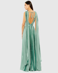 Green Sleeveless High Neck Cape Back Heat Pleated Gown