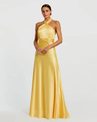 Ruched Halter Neck Tie Back Satin Gown