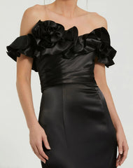 Black Satin Ruffle Off the Shoulder Mermaid Gown