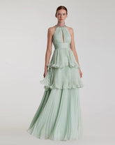 Green High Neck Chiffon Tiered Gown with Cut Out