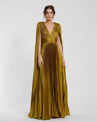 Green Pleated Charmeuse V Neck Gown With Cape