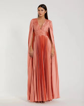 Pleated Charmeuse V Neck Gown With Cape