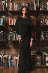 Black Long Sleeve Jersey Gown With Beaded Cuff Sleeves