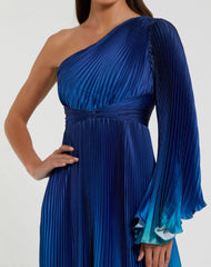 Blue Ombre Pleated Charmeuse One-Shoulder Gown