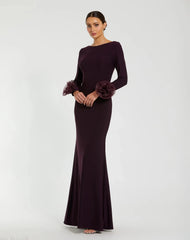 Purple Long Sleeve Fitted Jersey Gown With 3D Flowers