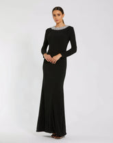 Black Jersey Long Sleeve Fitted Gown With Beaded Neck