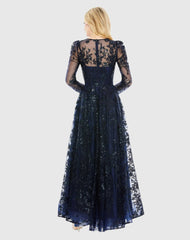 Navy Embroidered Illusion High Neck A Line Dress