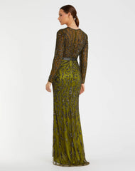 Green Long Sleeve Beaded Evening Gown