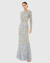 Gray Long Sleeve Beaded Evening Gown