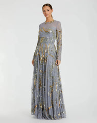 Long Sleeve Embellished Illusion Evening Gown