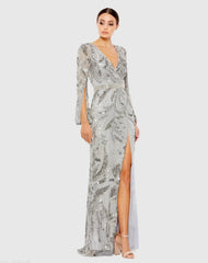 Sequined Faux Wrap Split Long Sleeve Gown