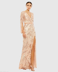 Sequined Faux Wrap Split Long Sleeve Gown