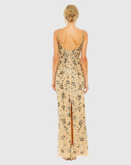 Beige Floral Embellished Scoop Neck Evening Gown