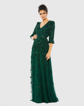 Green Embellished V Neck 3/4 Sleeve A Line Gown