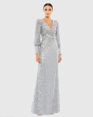 Silver Sequined Wrap Over Bishop Sleeve Gown