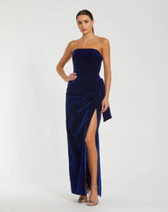 Blue Strapless High Slit Draped Velvet Gown
