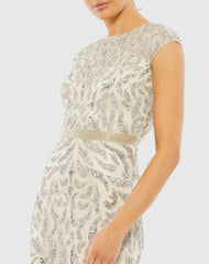 White and Silver Embellished Illusion Cap Sleeve Column Gown