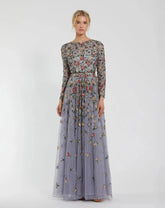 Gray Embellished High Neck Long Sleeve A Line Gown