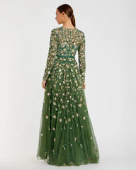 Green Embellished High Neck Long Sleeve A Line Gown
