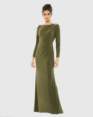 Draped Bateau Long Sleeve Trumpet Gown