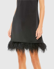 Black Feathered Hem High Neck Sleeveless Trapeze Dress