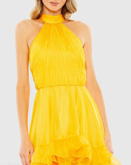 Yellow Ruffle Tiered High Low Pleated Halter Neck Gown