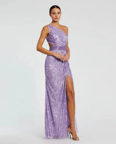 Purple Sequined One Shoulder Draped Lace Up Gown