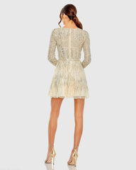 Beige High Neck Long Sleeve A Line Mini Dress