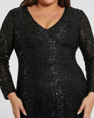 Black Long Sleeve V-Neck Beaded Fringe Gown