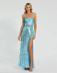 One Shoulder Mesh Sequin Gown With Slit