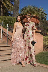 Beige Floral Beaded Mesh Puff Sleeve Gown