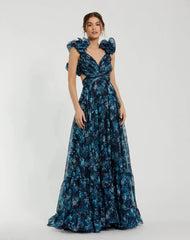 Navy Tiered Floral Cut-Out Chiffon Gown