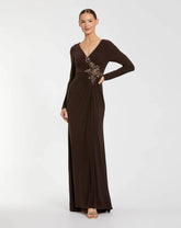 Faux Wrap Long Sleeve Evening Gown w/ Appliqué Detail