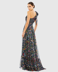 Navy Tied One Shoulder Cut-Out Flowy Gown