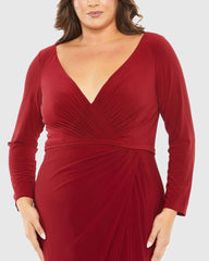 Red Long Sleeve V-Neck Faux Wrap Gown (Plus)