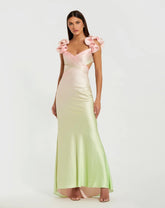 Pink and Green Charmeuse Ruffle Strap Crossover Ombre Gown