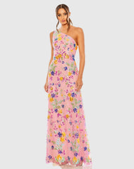 Multicolor One Shoulder Floral Sequin Lace Up Gown